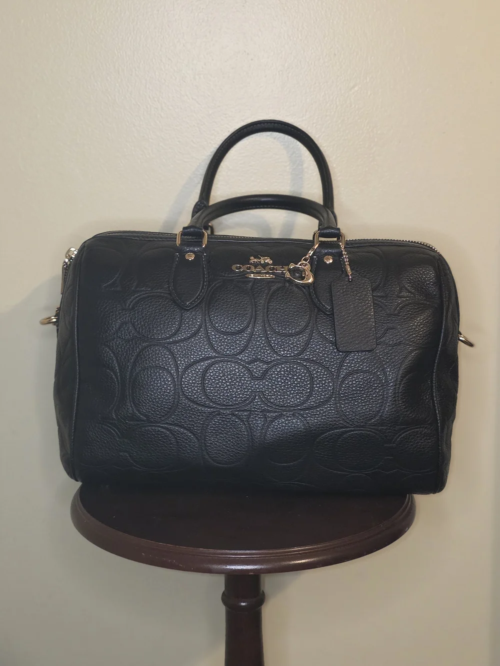 Coach Black Embossed Signature Leather Satchel with Gold Hardware